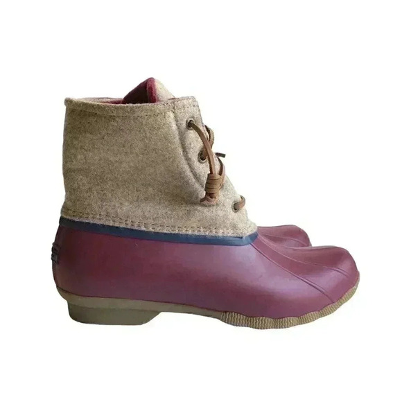 Sperry Saltwater Wool Womens 7 Rain Duck Boots Tan Burgundy Lace Up Fall Winter - Picture 3 of 8